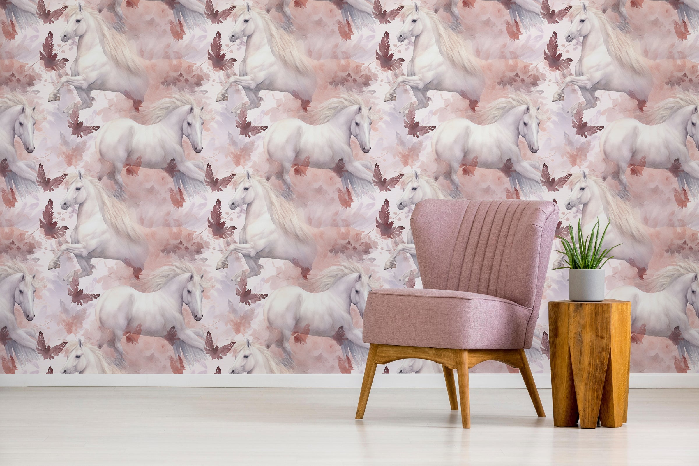Enchanting unicorn mural with blush tones, soft sky for girls playroom decor