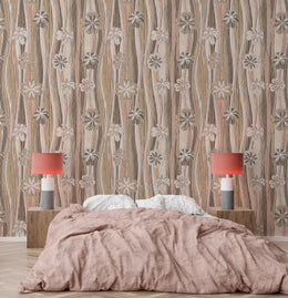 Beige floral wood texture wallpaper creates calm cozy bedroom wall decor atmosphere