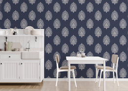 Decorative paisley wallpaper rich navy pattern adds luxury touch to dining room walls