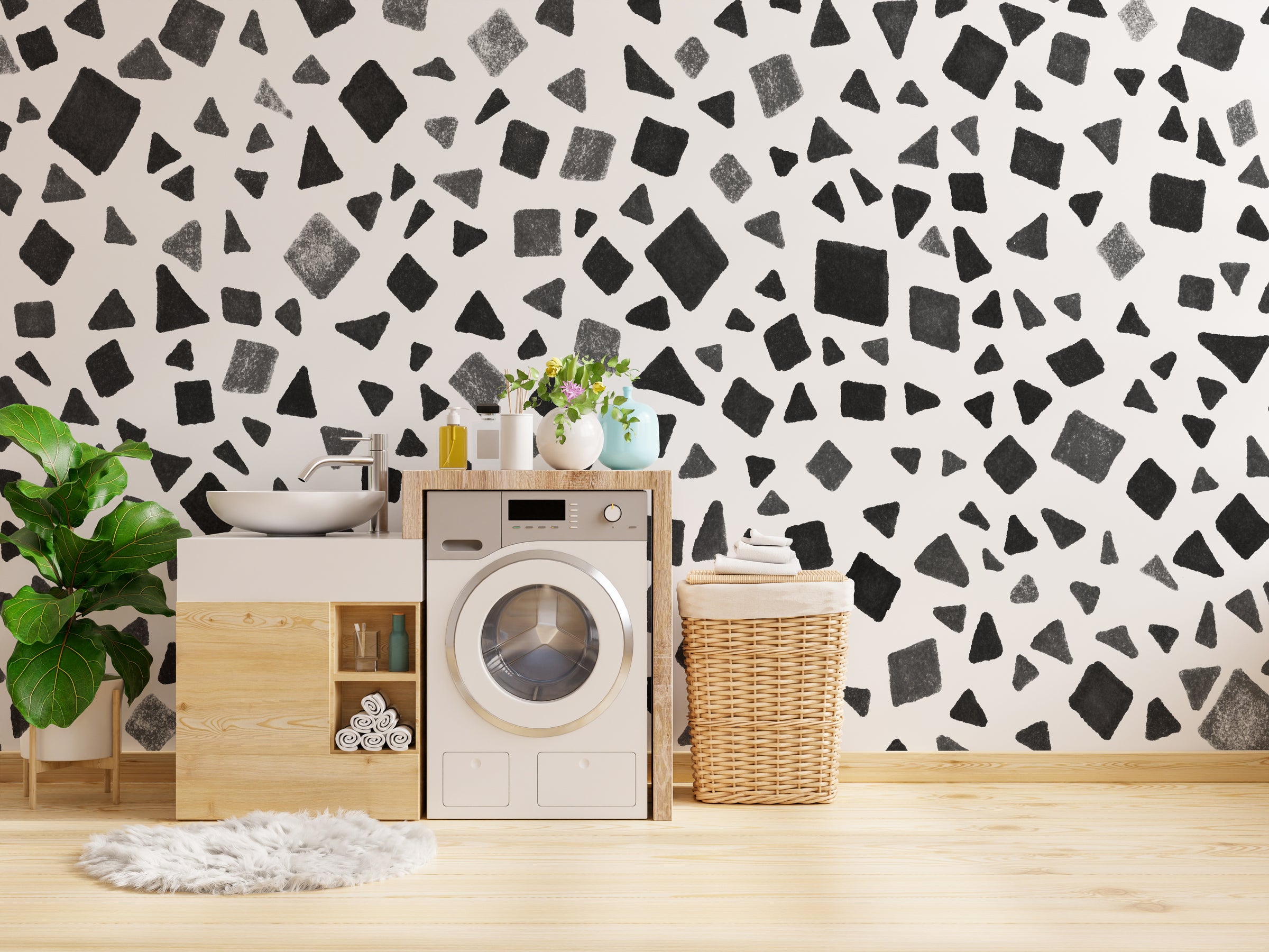 Seamless Terrazzo Black and Gray Shapes Wallpaper