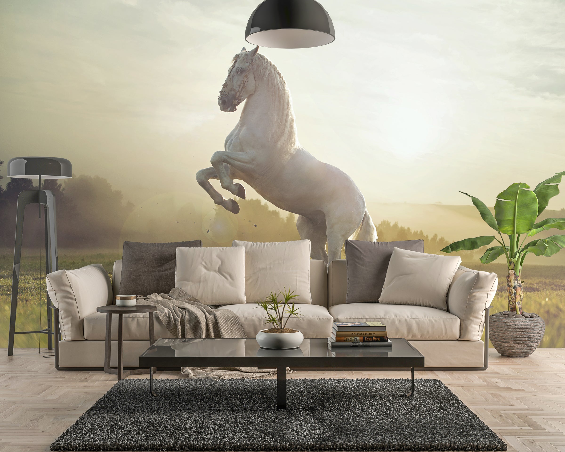 Luxury living room wall decor featuring horse wallpaper with white stallion in golden sunrise, ideal for modern homes