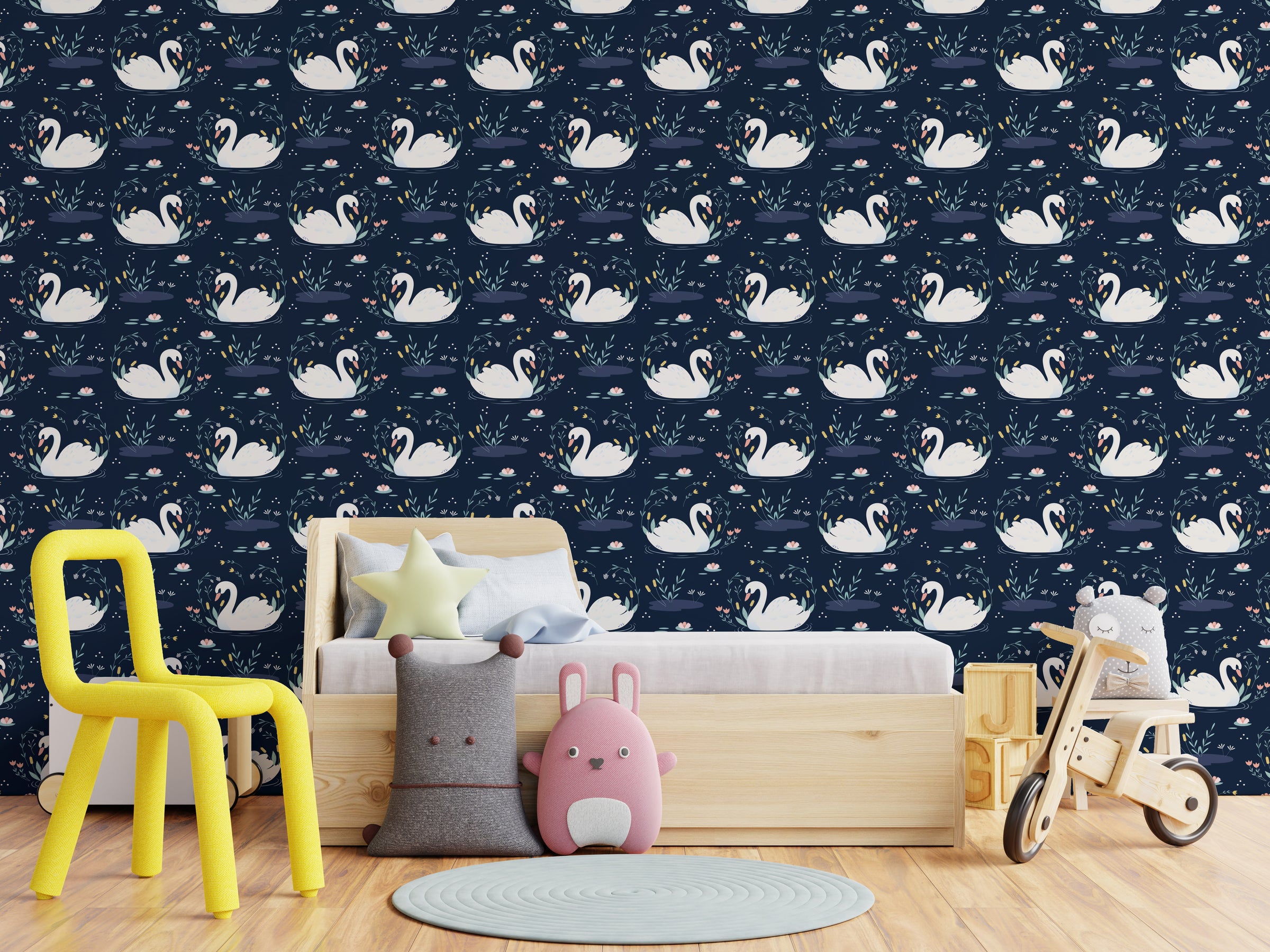 Dark swan pattern with gentle florals creating whimsical nursery room ambiance