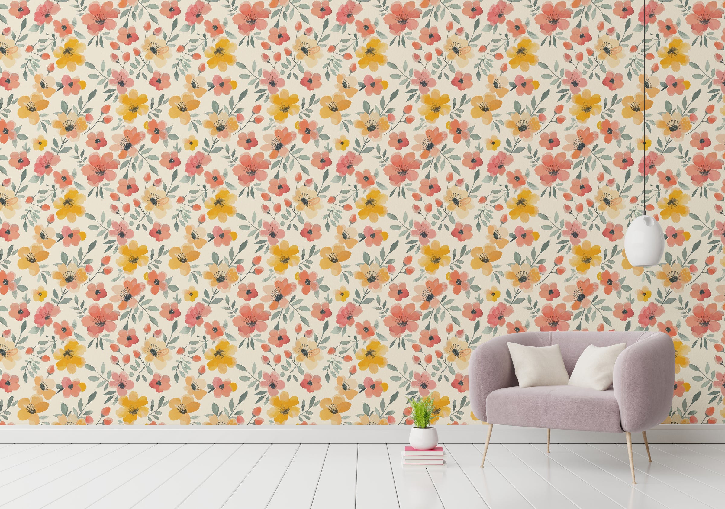 Yellow and Orange Flower Watercolor Pattern Wallpaper For Walls