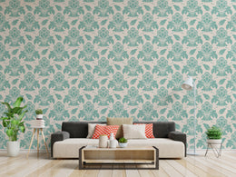 Vintage teal damask wallpaper design for luxury bedroom feature wall interior