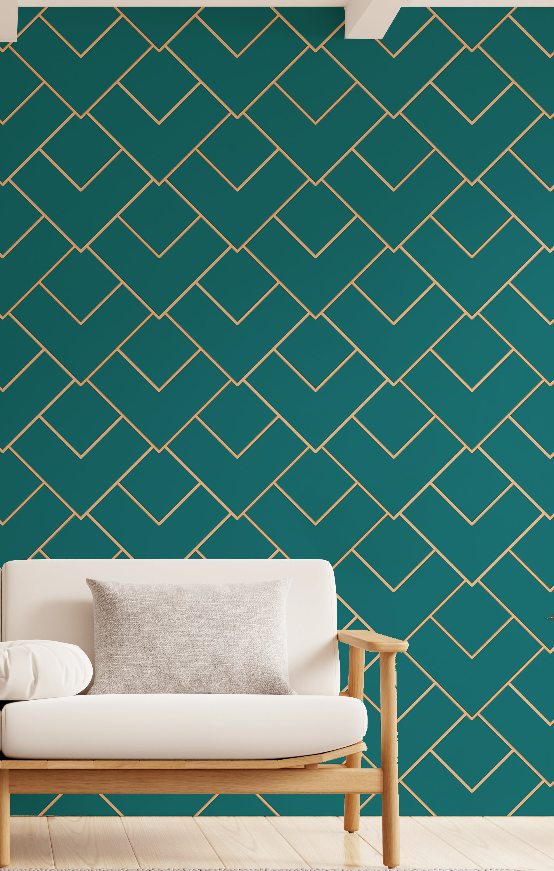 Elegant art deco teal wallpaper creating luxurious ambiance in contemporary bedroom