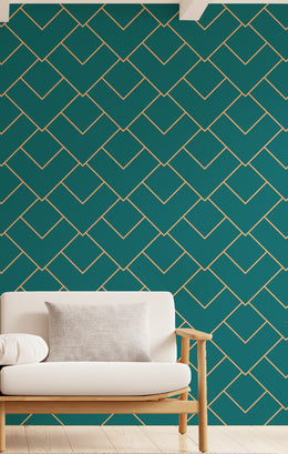 Elegant art deco teal wallpaper creating luxurious ambiance in contemporary bedroom