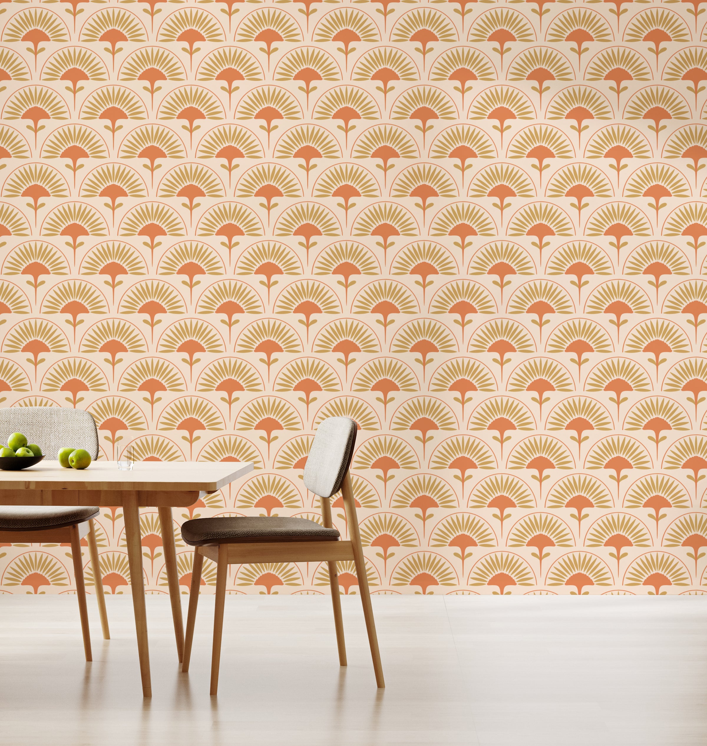 Retro fan arch pattern wall covering for stylish dining space decor