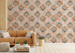 Elegant living room wall decor with boho tile wallpaper in terracotta teal peel and stick design