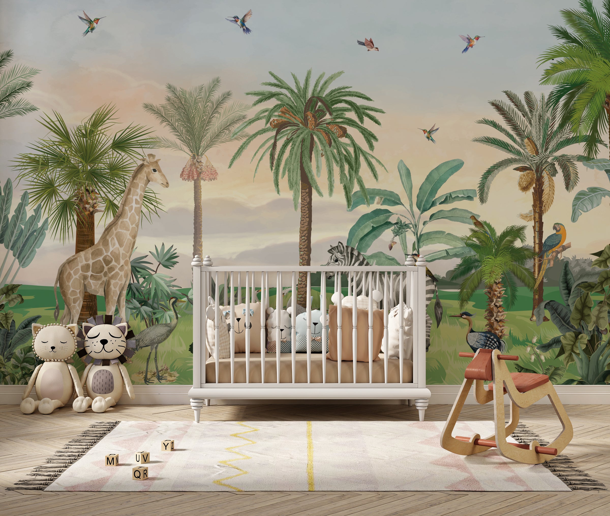 Wildlife jungle wallpaper with elephant, birds, green landscape for kids playroom