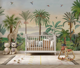 Wildlife jungle wallpaper with elephant, birds, green landscape for kids playroom
