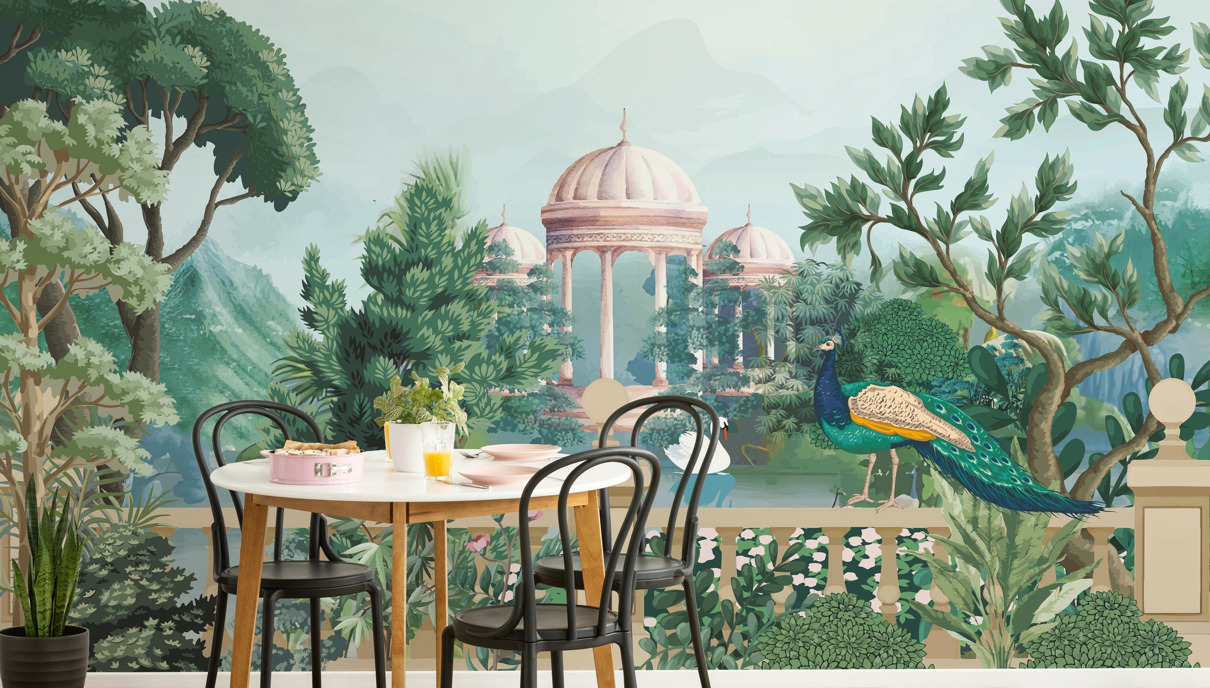 Contemporary dining room wall decor featuring soft pastel palace garden peacock scene