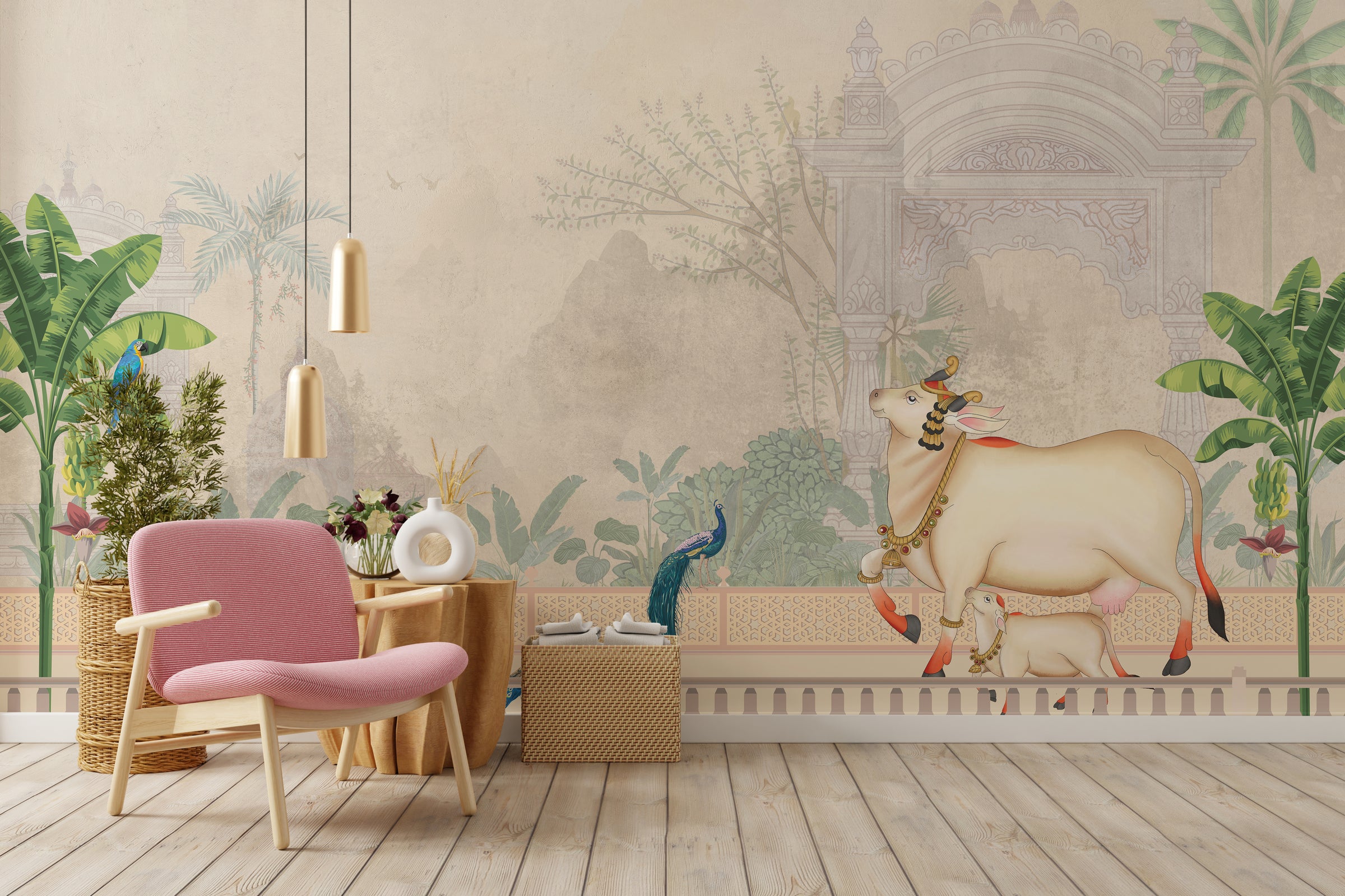 Stylish office wall mural featuring vintage Indian cow palace garden design in neutral tones