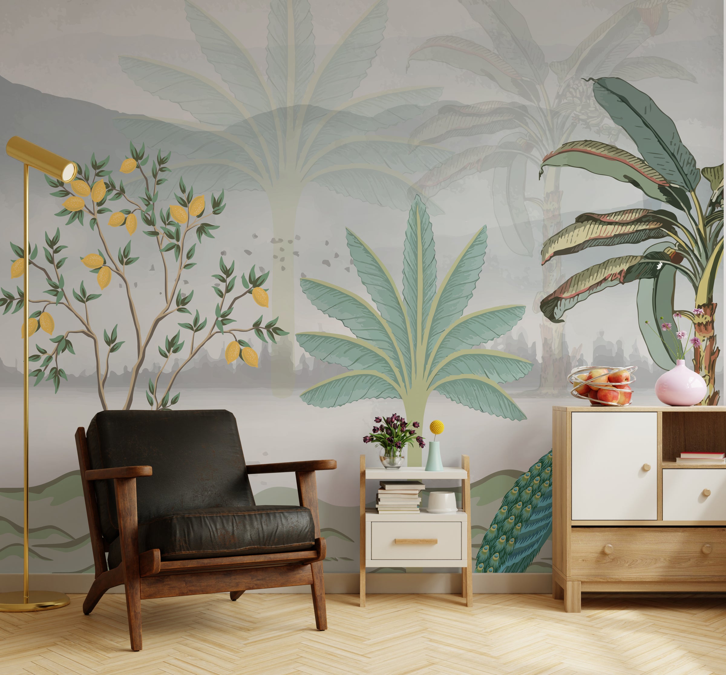 Minimalist meditation room wall featuring soft tropical palms and yellow fruit accents, peaceful ambiance