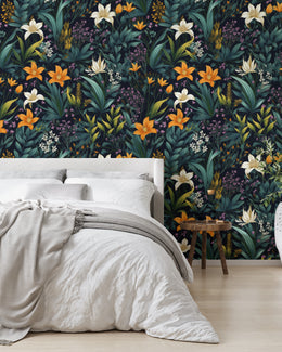 Elegant botanical pattern with tropical foliage and lilies creating a calm bedroom atmosphere