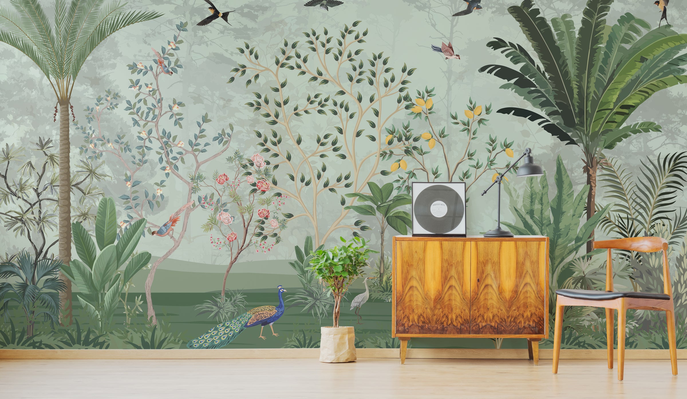 Contemporary tropical wall decor with illustrated trees and wildlife for stylish home interiors