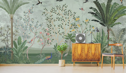 Contemporary tropical wall decor with illustrated trees and wildlife for stylish home interiors