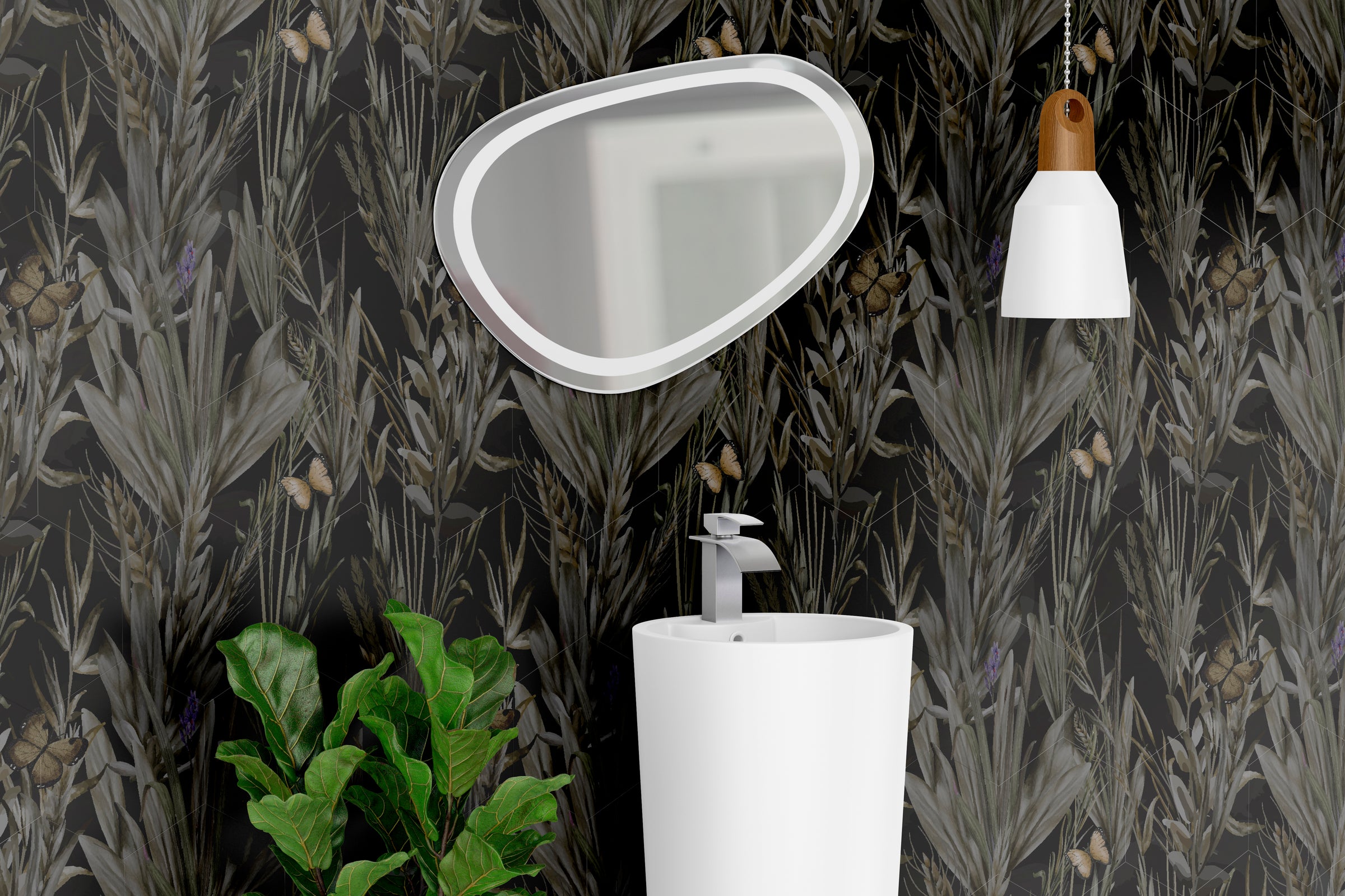 Sophisticated office interior featuring moody botanical wallpaper with dense tropical plants and butterfly details in black and taupe, ideal for creative spaces