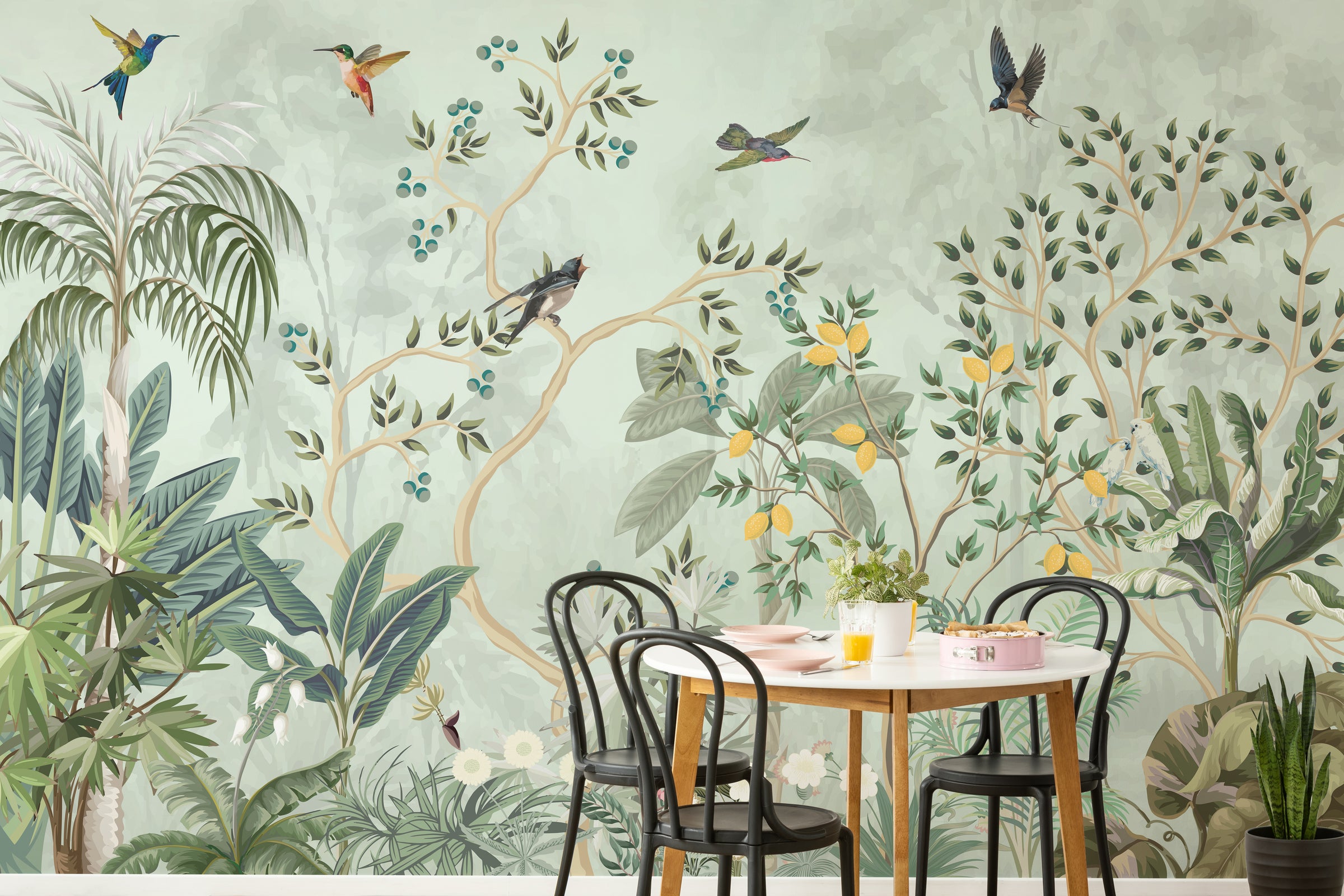 Elegant botanical wall mural featuring colorful birds for dining room styling