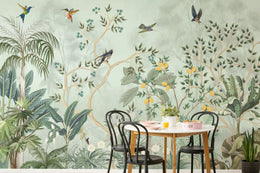 Elegant botanical wall mural featuring colorful birds for dining room styling