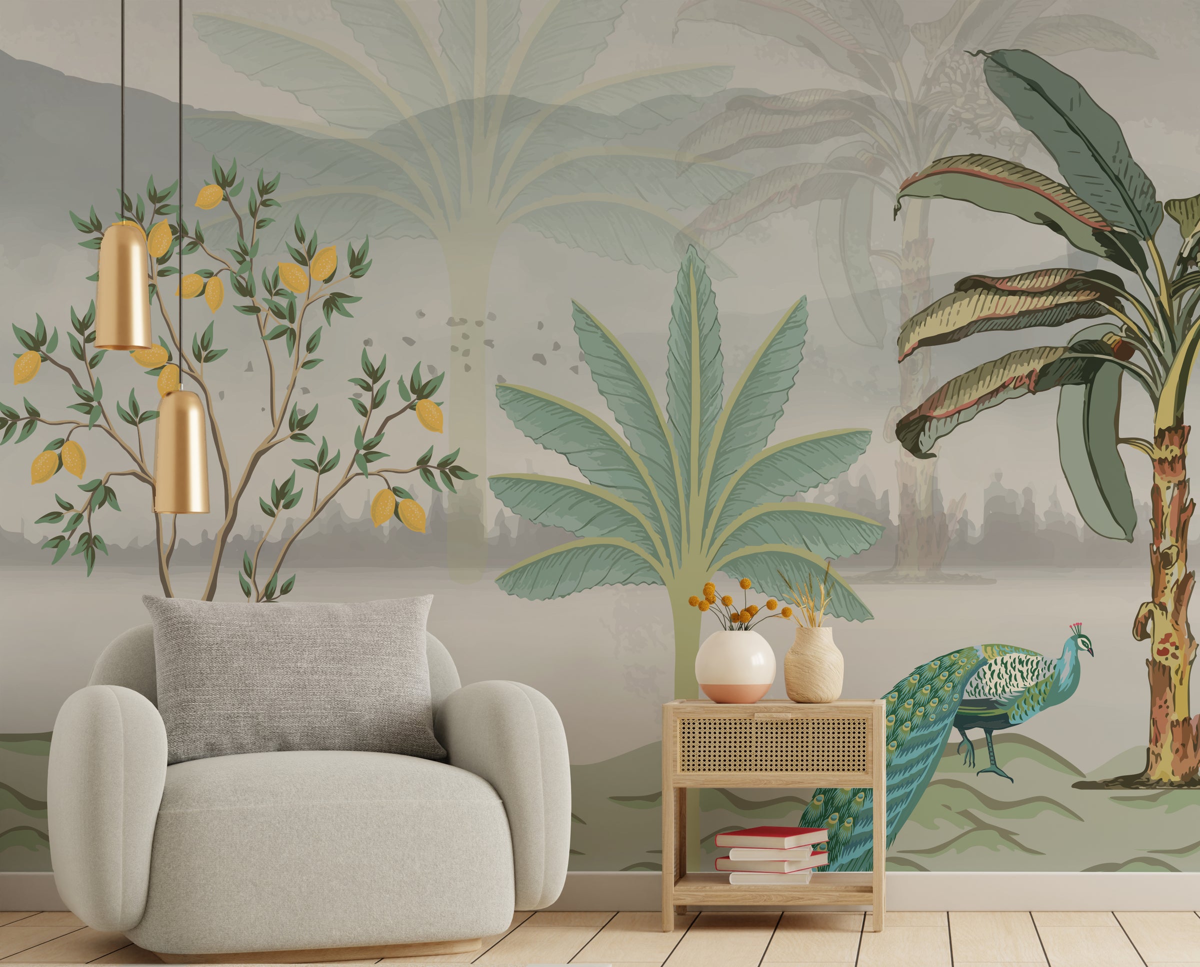 Luxury lounge area feature wall with tropical landscape and muted greens, stylish interior upgrade