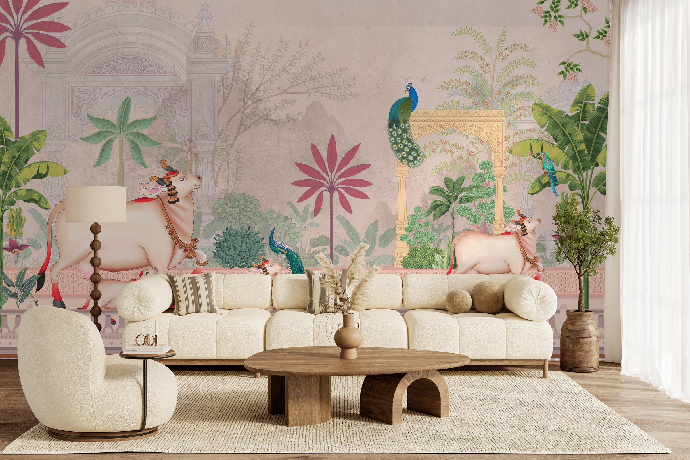 Exotic Indian wall mural with peacocks, botanical elements, soft tones for guest room