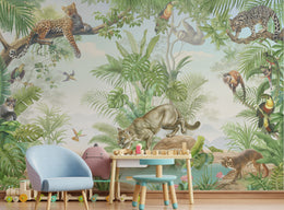Cozy nursery wall decor featuring jungle safari animals with gentle wildlife and leafy textures in muted tones, ideal for calming baby spaces