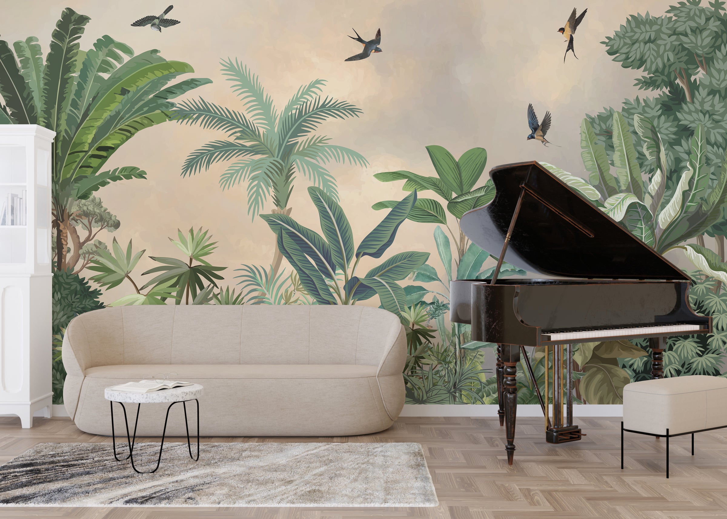 Scenic tropical vegetation mural artwork enriching comfortable lounge space interior wall with lush greenery and artistic jungle composition.