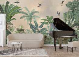 Scenic tropical vegetation mural artwork enriching comfortable lounge space interior wall with lush greenery and artistic jungle composition.
