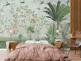 Designer botanical wall covering with tropical leaves and birds for luxury bedroom styling