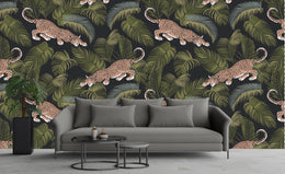 Bold leopard wallpaper with tropical jungle leaves on dark background for living room decor