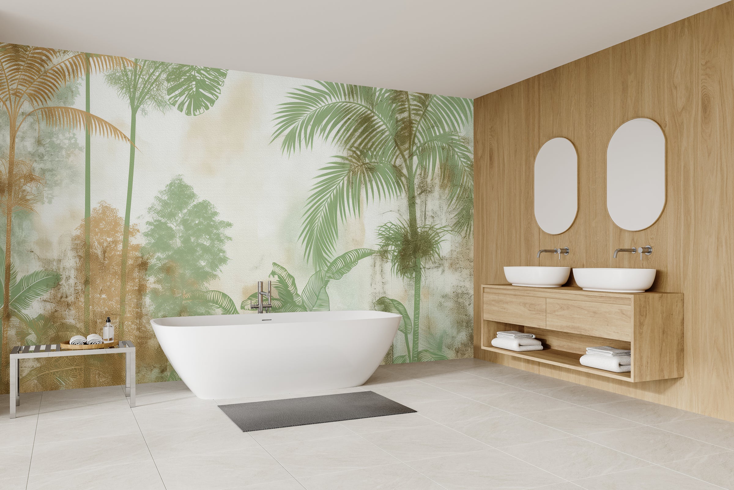Elegant botanical design with layered palm leaves for modern bathroom interior