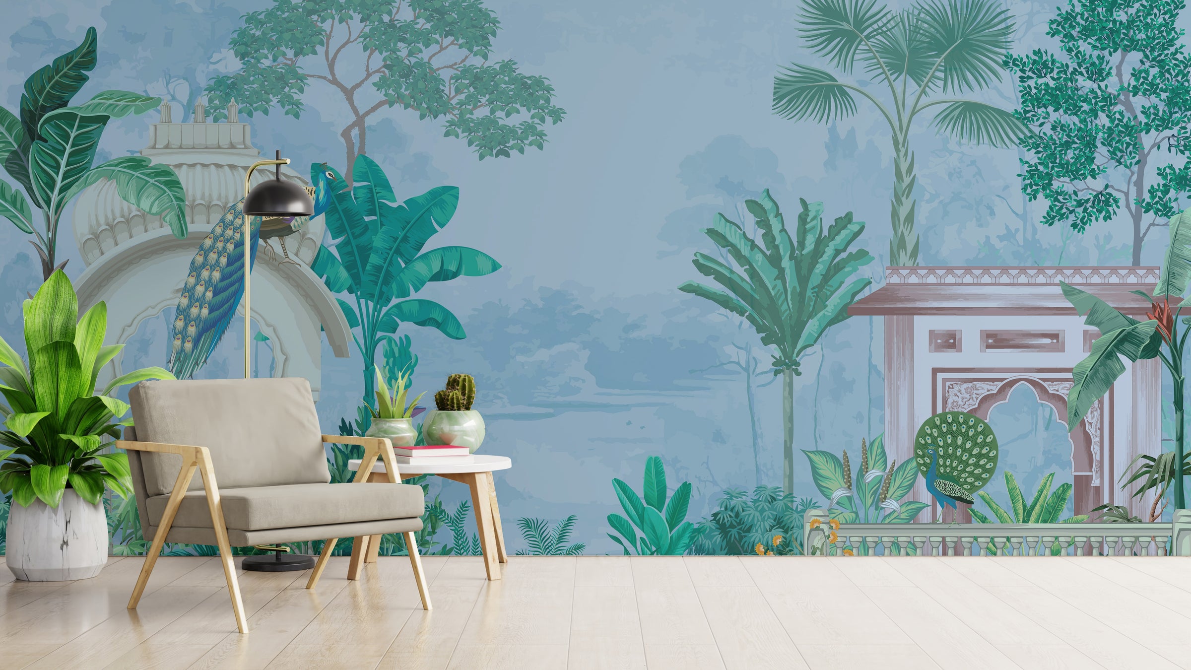 Nature inspired bird and beige floral pattern perfect for modern office wall styling