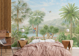 Lush island garden mural transforming guest room interior décor with colorful tropical birds, botanical leaves and tranquil water horizon.
