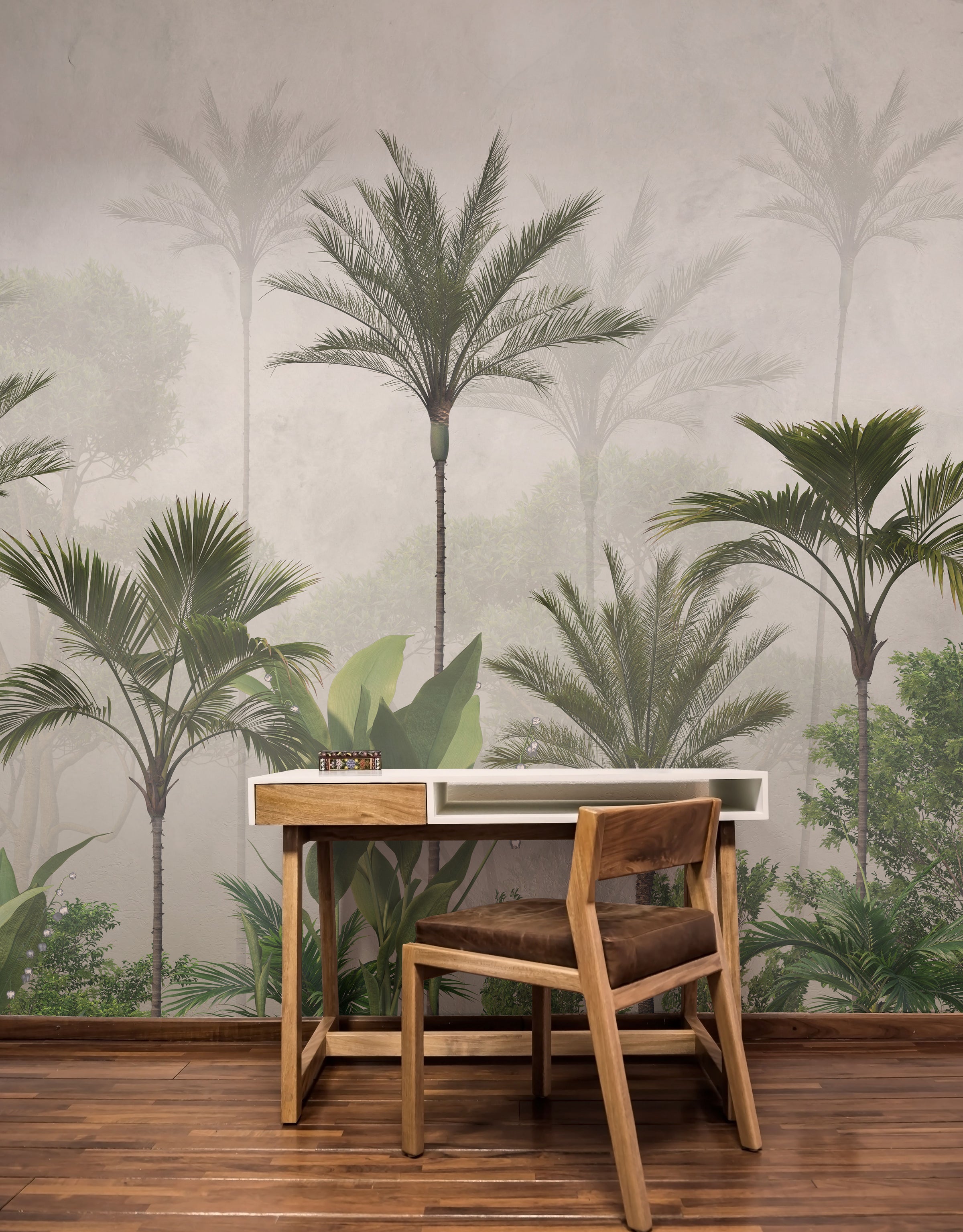 Elegant palm tree wallpaper with foggy jungle effect for relaxing home office setup