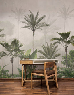 Elegant palm tree wallpaper with foggy jungle effect for relaxing home office setup