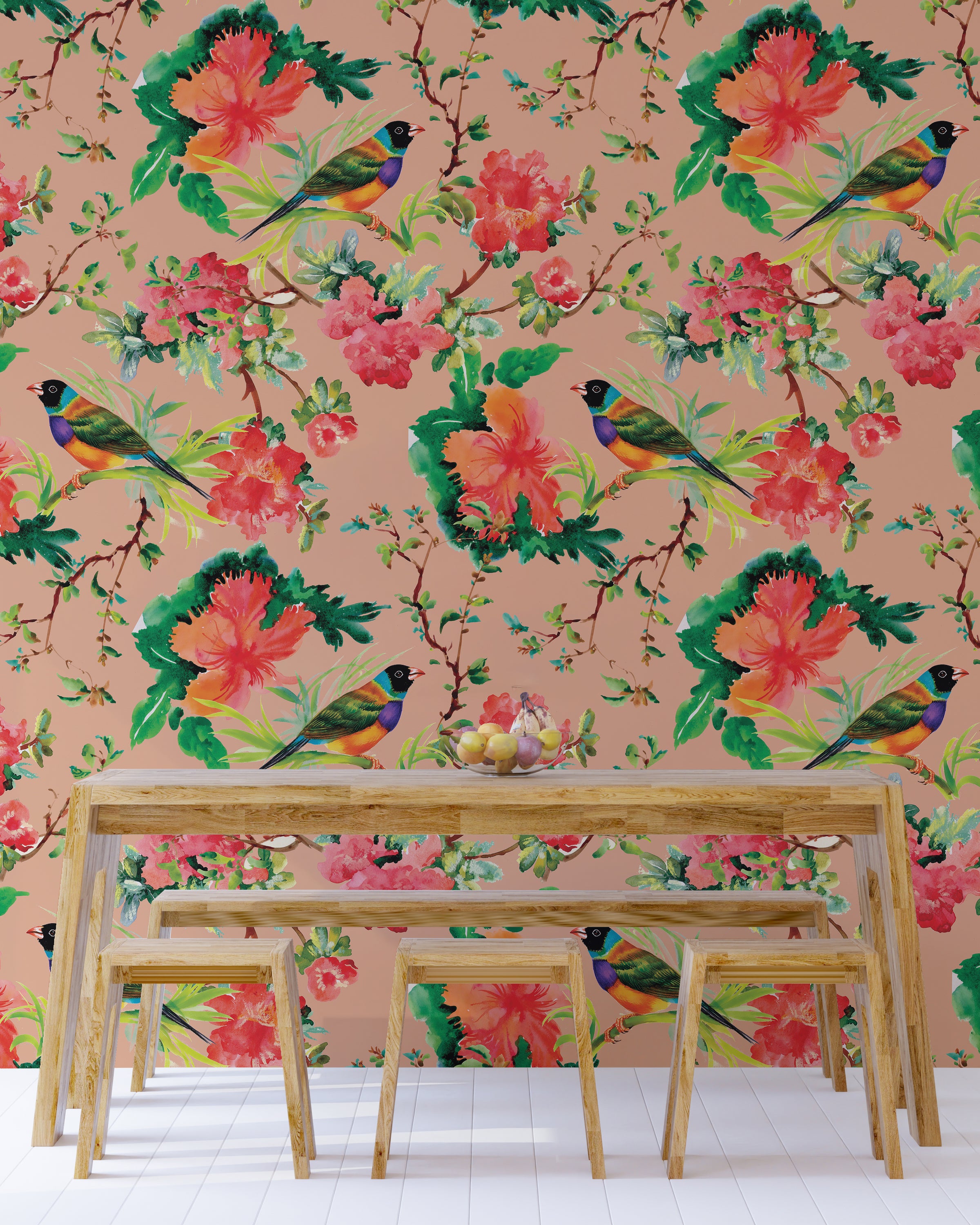 Cozy nursery accent wall wallpaper featuring colorful tropical birds and soft floral pattern