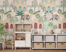 Cultural elephant peacock mural with intricate patterns, green hues, modern office feature wall