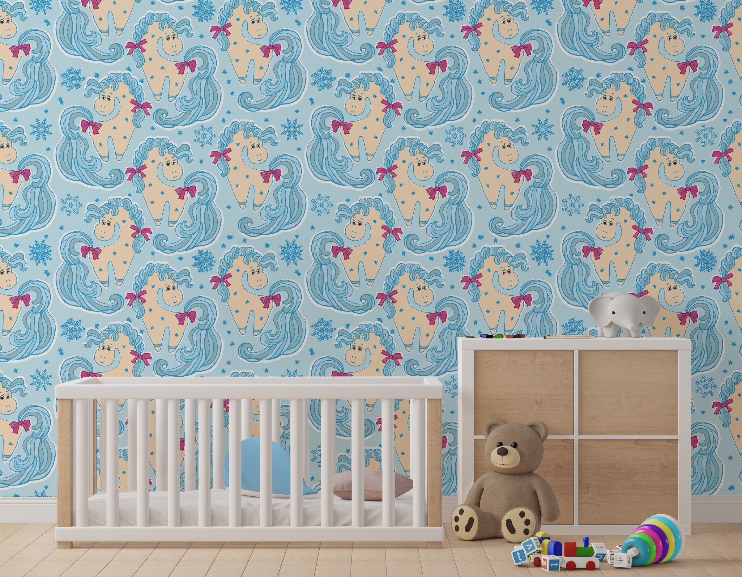 Cute unicorn pattern wallpaper in soft blue tones ideal for kids bedroom walls