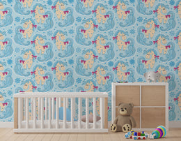 Cute unicorn pattern wallpaper in soft blue tones ideal for kids bedroom walls