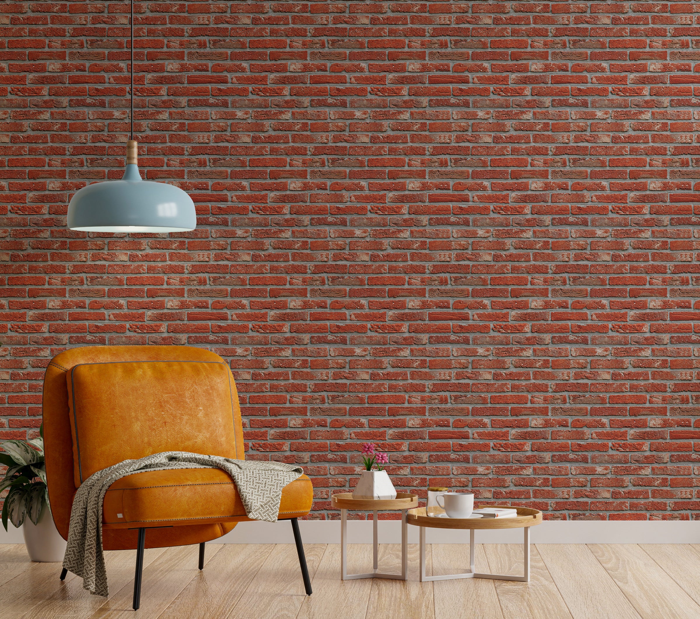 Exposed red brick wall mural for bedroom interior inspired by modern Berlin loft design