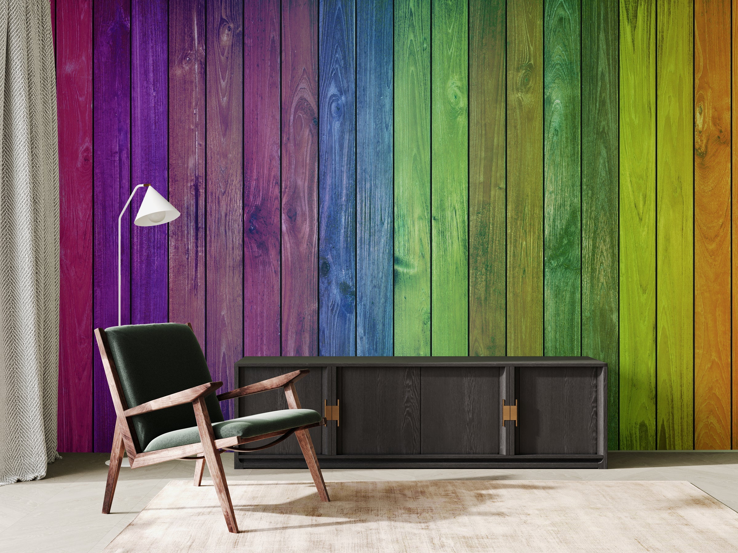 Colorful Wood Stripe Wall Mural | Rainbow Self Adhesive Wallpaper