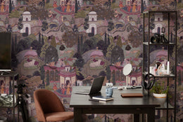 Premium office decor wallpaper featuring artistic Indian garden mural in dusty pink and olive color palette
