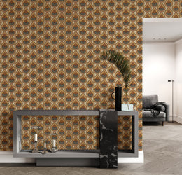 Bold botanical wallpaper with mustard brown leaf motifs transforming luxury living room accent wall