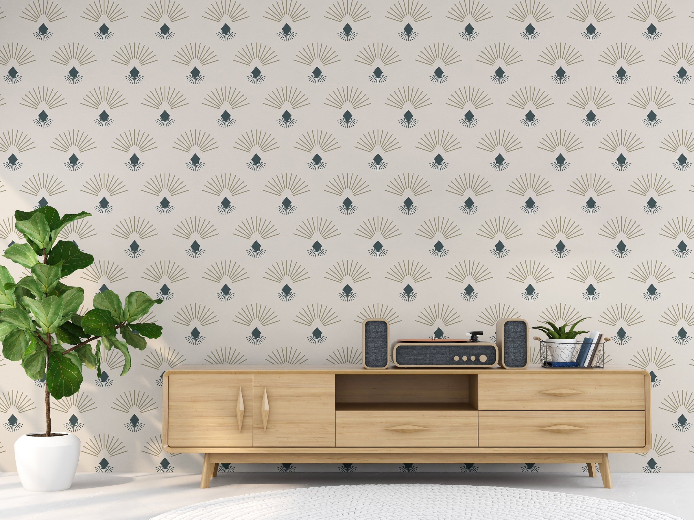 Mid Century Art Deco Wallpaper | Fan Pattern Beige Teal Peel and Stick Decor