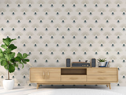 Mid Century Art Deco Wallpaper | Fan Pattern Beige Teal Peel and Stick Decor