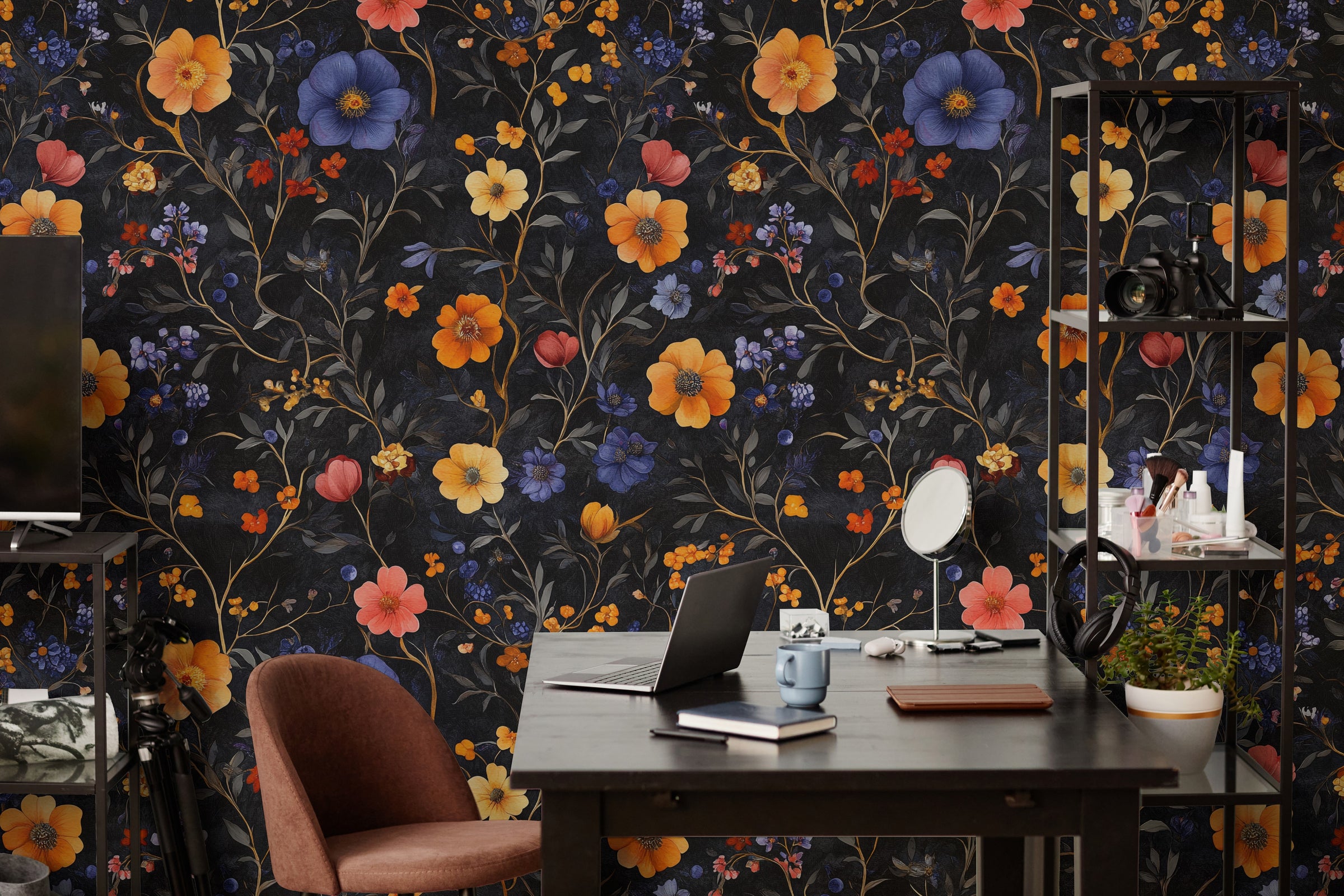 Rich dark floral elements with vivid colors, perfect for stylish home office atmosphere
