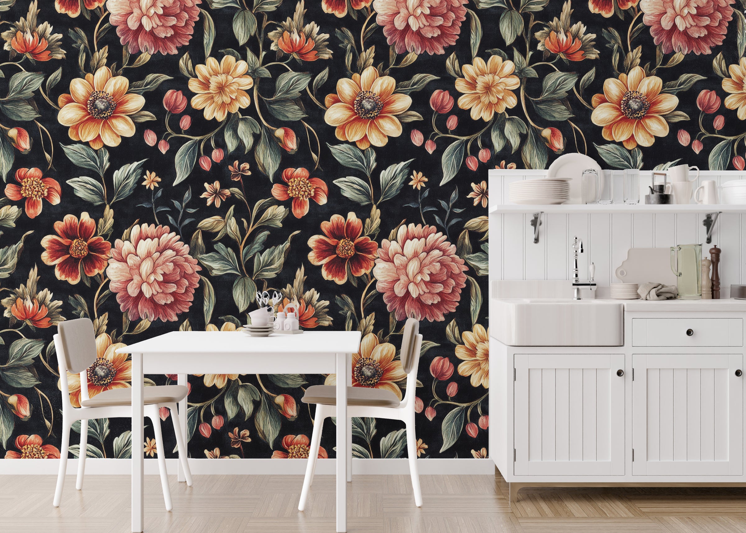 Dark floral wallpaper with warm tones elevating luxury kitchen wall design