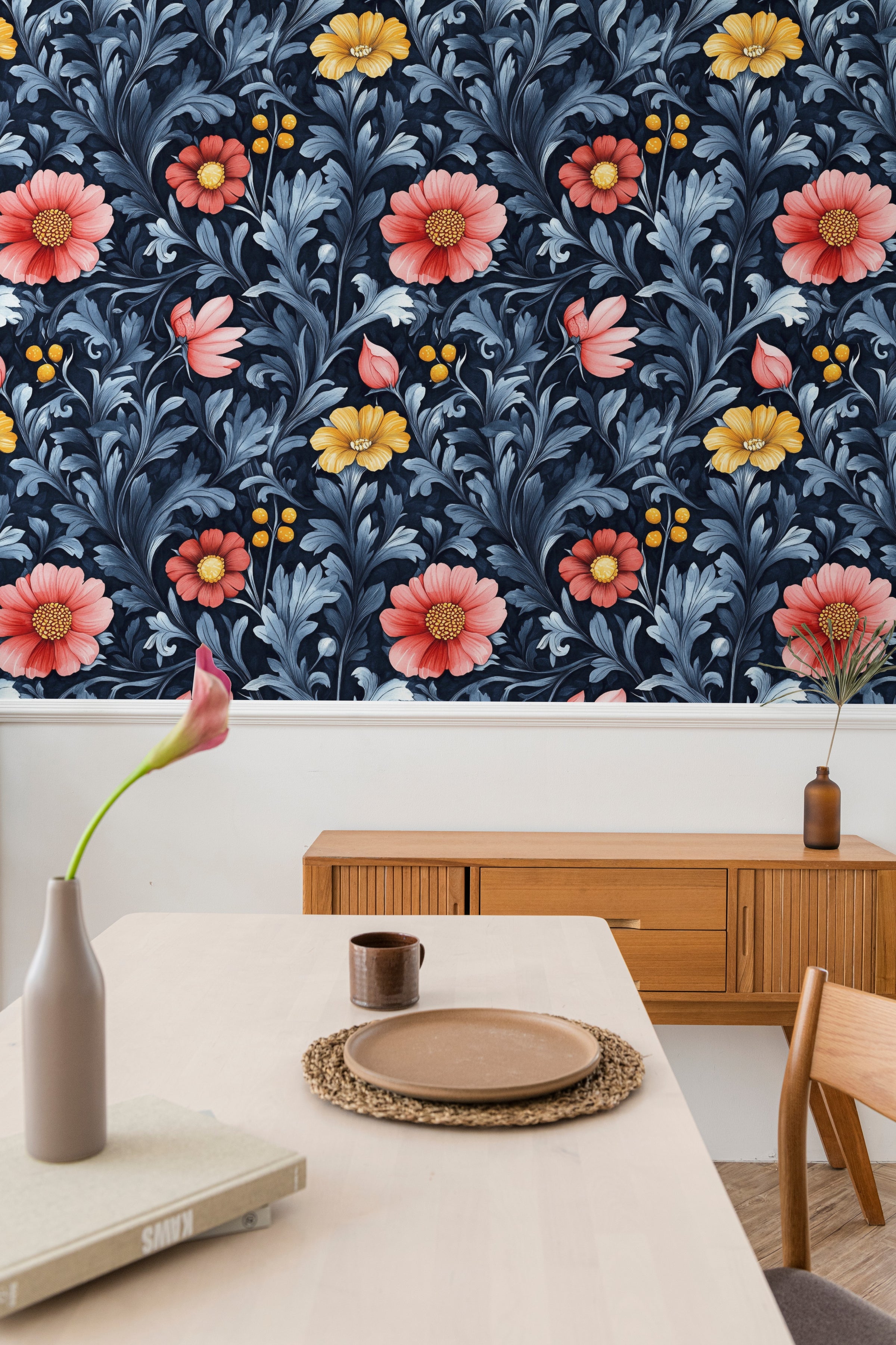 Entryway decor wallpaper featuring navy floral design with soft coral and golden accents
