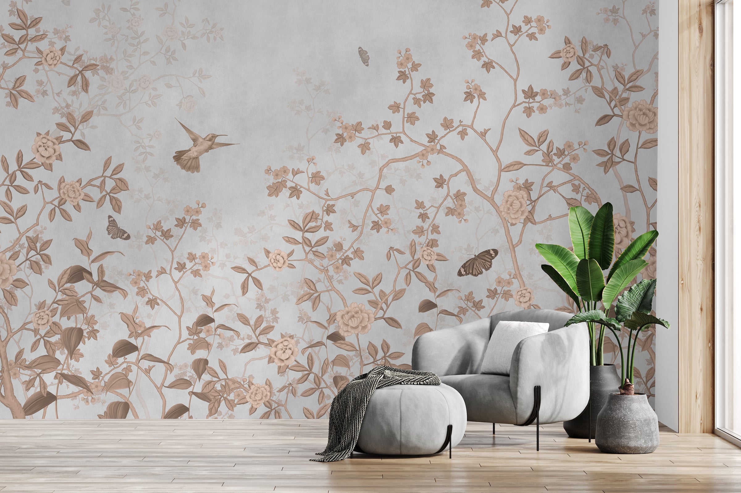 Botanical bird wallpaper with beige floral branches creating luxury living room wall