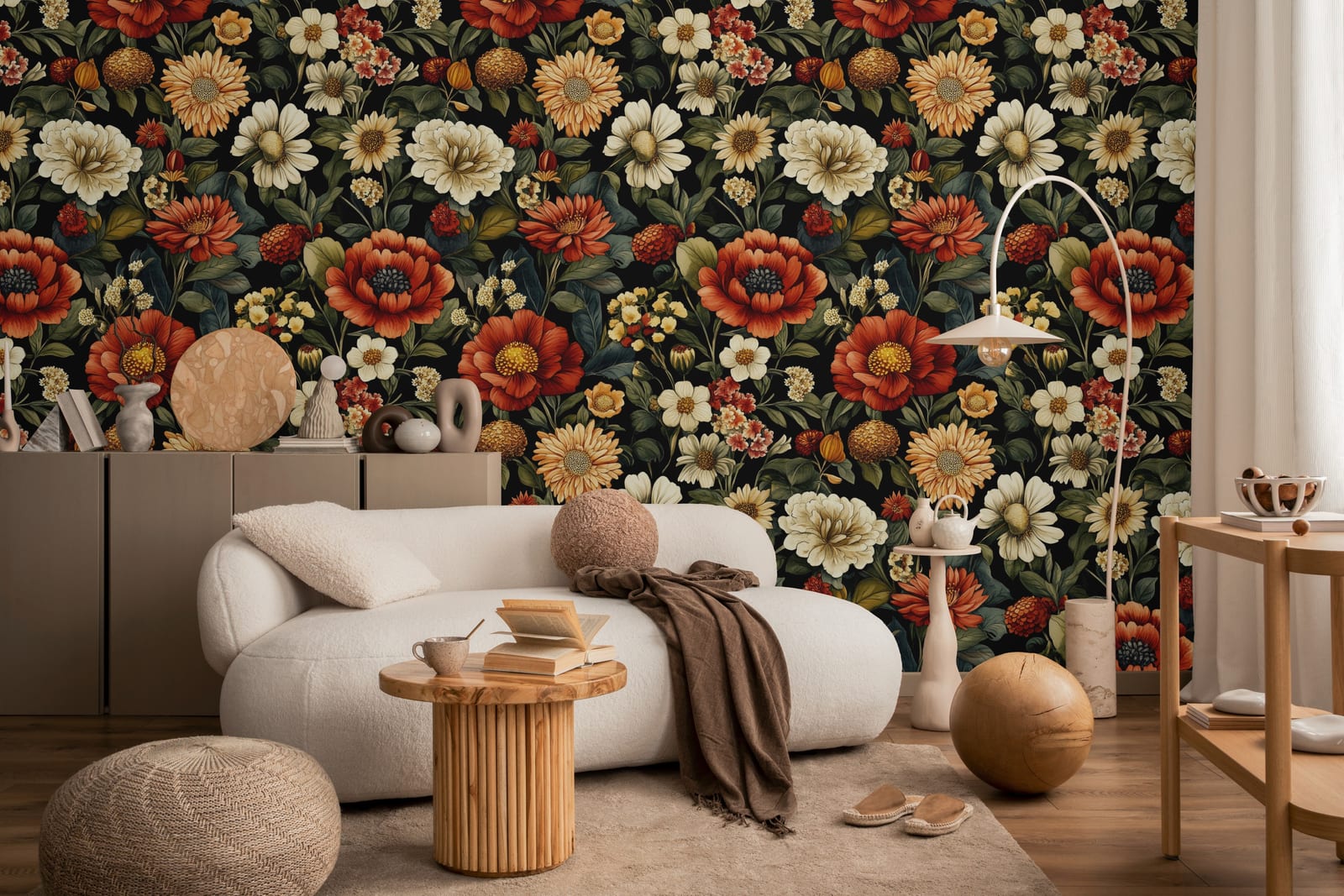 Dark floral wall design with vintage botanical blooms elevating elegant living room accent